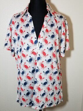 Golf Gentry Womens XL White Polo Shirt Red & Blue Crabs Beach Island Coastal NWT
